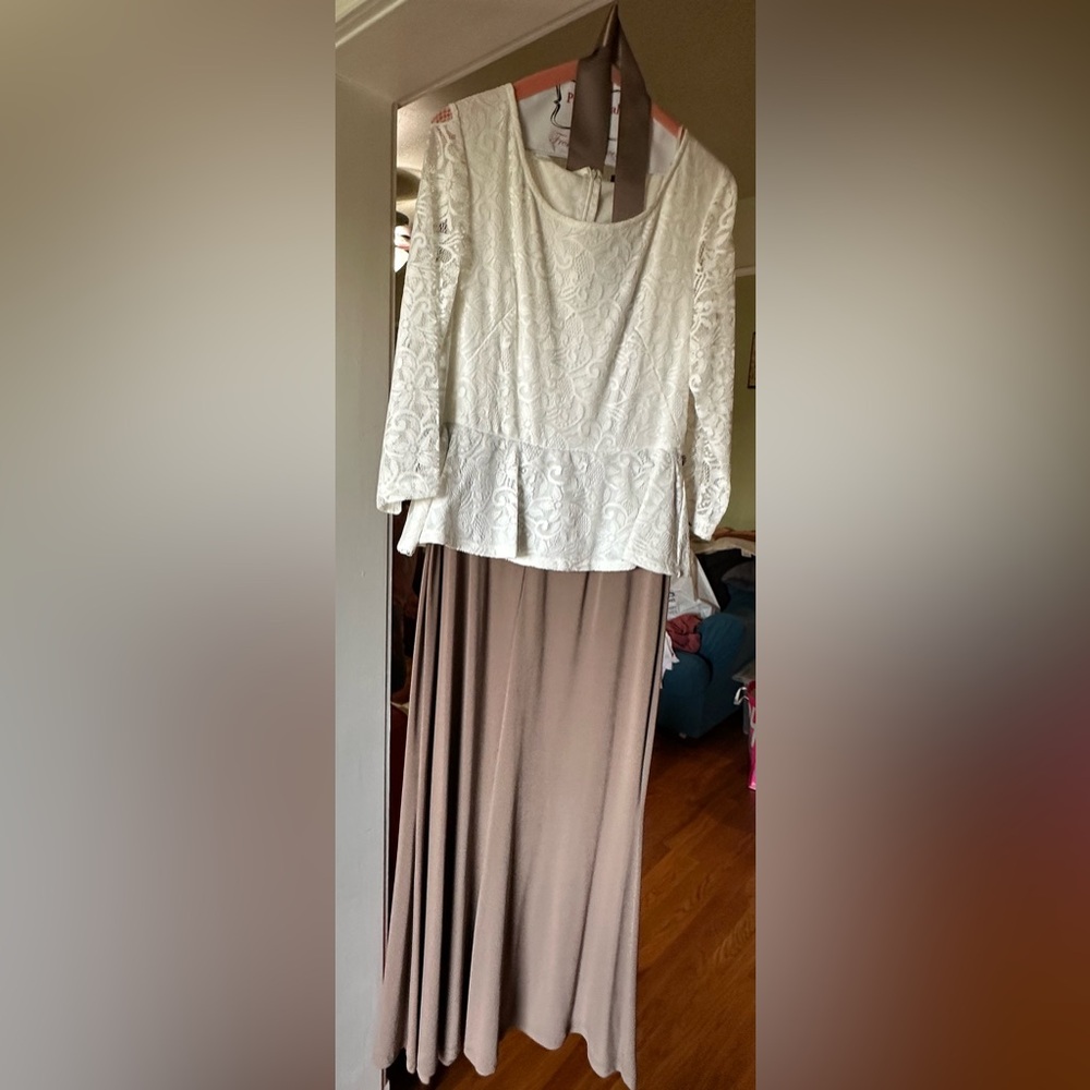 Elegant White Lace Top with Tan Skirt
